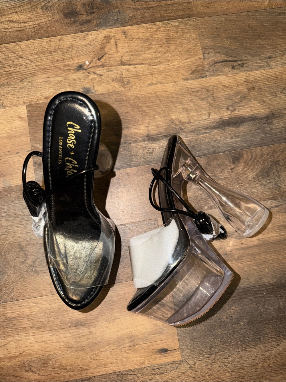 Chase + Chloe Clear Platform Heels with Black Trim and Ankle Tie